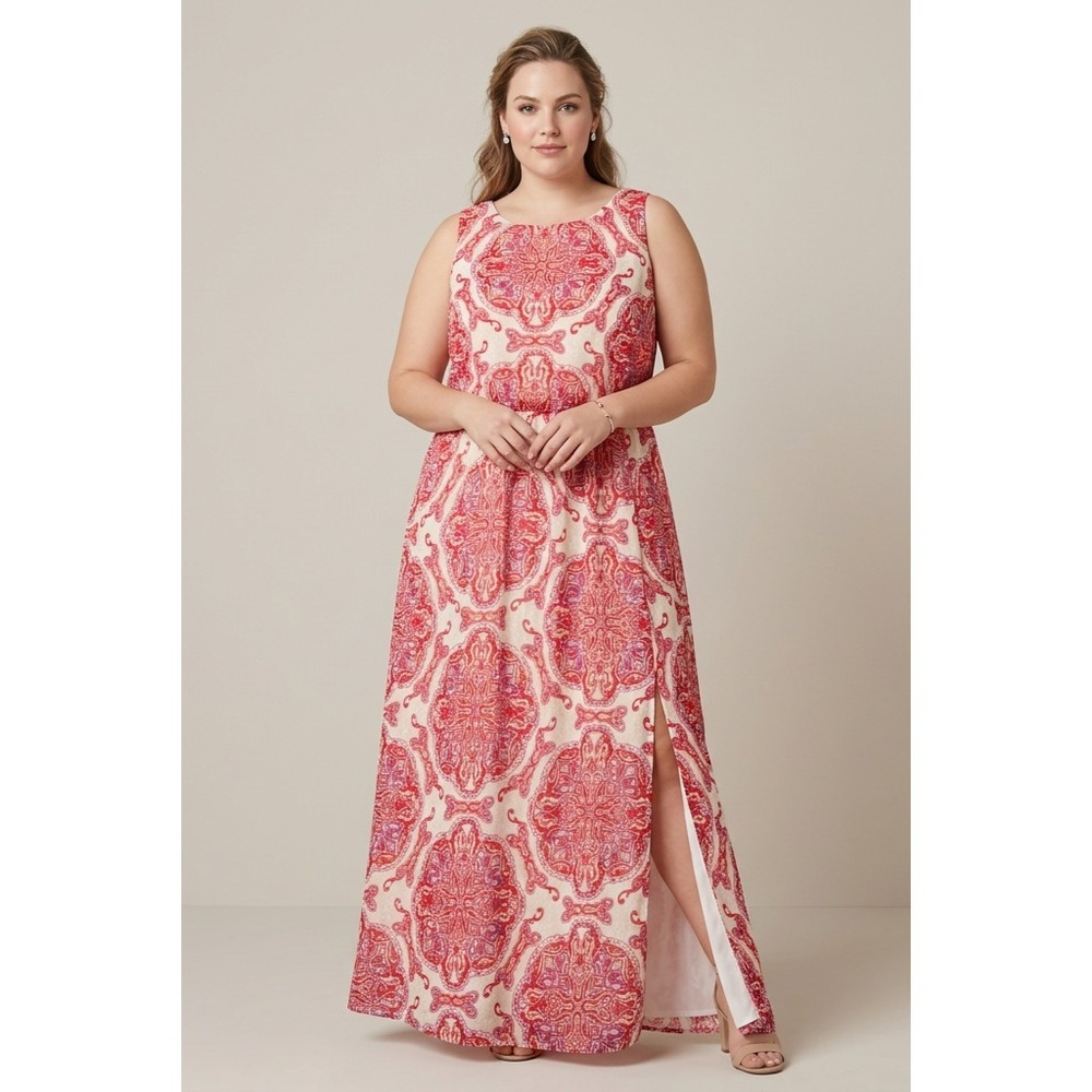 Chicos Summer Shine Maxi Dress Womnes 4 (20/22) Pink Medallion Side Slit NEW NWT